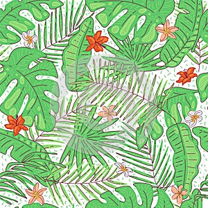 Pattern tropical leaves and flowers exotic coconut and banana palm tree. Vector seamless summer background.