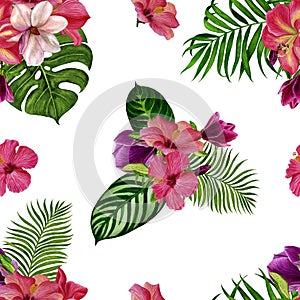 Pattern with tropical plants for fabric, wallpaper and wrapping paper. Watercolor illustration of hand painting.