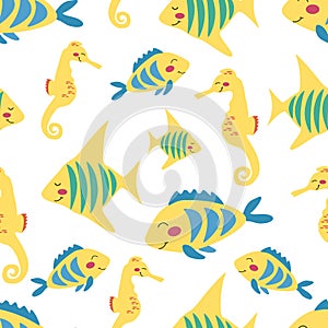 pattern of tropical yellow fish and seahorses on a white