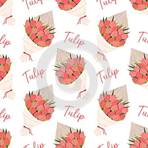 Pattern with tulip bouquets wrapped in craft paper on white background. For textiles, packaging, and floral designs photo