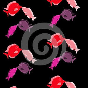 Pattern. Two pairs of lovers, lovely, beautiful, red, pink, purple fish stitched with white threads kiss on a black background on