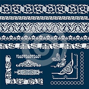 Set of seamless tape Patterns, corner and elements in the form of cotton in the Uzbek national style, vector mockup for design photo