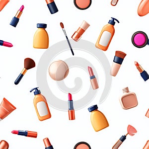 Pattern of various cosmetics including lipstick, blush, and foundation