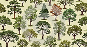 Pattern of Various Tree Illustrations on a Light Background (72) stock