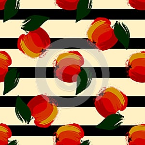 Pattern vector illustration red apple on light yellow background with black stripes