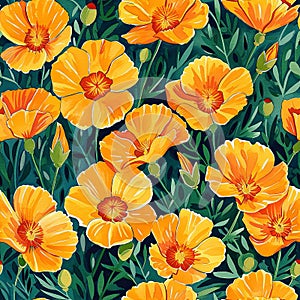Pattern of vibrant California poppies yellow flower in full bloom on greenery background