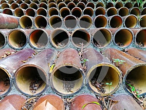 Pattern view of concrete pipes as farden decorarion at Botanical Garden Putrajaya. Dsign and exterior designs concept photo