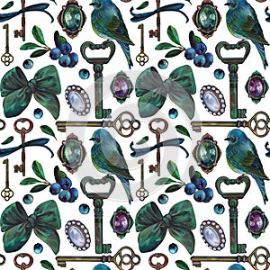 A pattern of vintage elements: keys, brooches, birds, bows, and blueberry twigs. Beautiful hand-drawn isolated elements in blue an