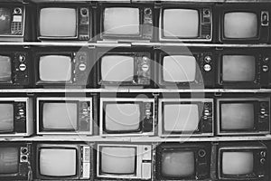 Pattern wall of pile black and white retro television TV