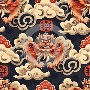 A pattern wallpaper chibi art of Create a seamless pattern with fierce Fu Dogs standing