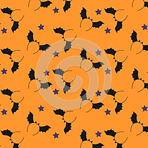 Pattern, wallpaper on a Halloween theme, with decorations in the form of a black bat and purple