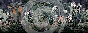 pattern wallpaper jungle and leaves tropical forest mural and butterflies old drawing vintage background