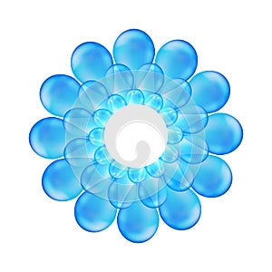 Pattern of water drops in vector. 3d realistic vector illustration. Glitter water drop. Blue 3D flower.