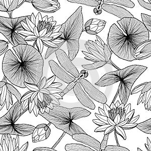 Pattern of water plants, Lotus flowers, and dragonflies. Black and white illustration. Vector texture.