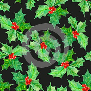 Pattern with watercolor branches with the red berries and green leaves (holly tree)