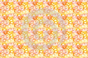 Pattern watercolor painted little suns on pastel yellow, orange abstract big spots background drawn by brush