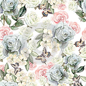 Pattern with watercolor realistic roses, butterflies and plants.