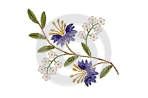 Pattern of wavy twig, with purple cornflowers and delicate white flowers on a white background