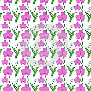 pattern which depicts a bird hummingbird flowers and orchid buds