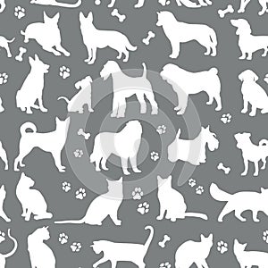 Pattern of white colors cats and dogs background illustration on grey. Animal collection. seamless surface pattern.