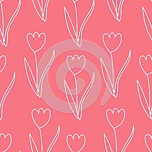 pattern white contour flowers tulips on a pink