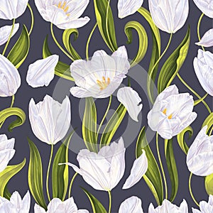 Seamless pattern with white tulips, leaves and petals on dark background.