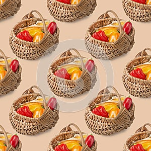 Pattern from a wicker basket with fresh vegetables on a brown background. Collection of vegetables and fruits in summer and autumn