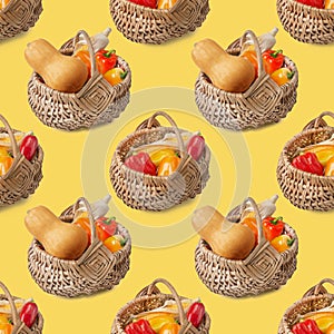 Pattern from a wicker basket with fresh vegetables on a yellow background. Collection of vegetables and fruits in summer and