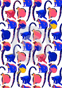 Pattern of wild lemurs drawn in the technique of rough brush in vibrant colors