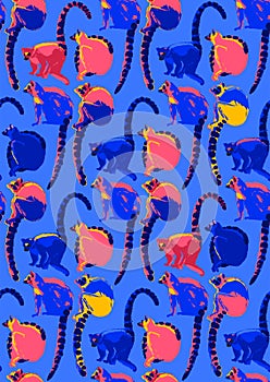 Pattern of wild lemurs drawn in the technique of rough brush in vibrant colors