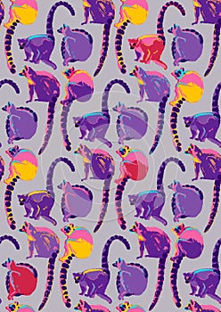 Pattern of wild lemurs drawn in the technique of rough brush in vibrant colors