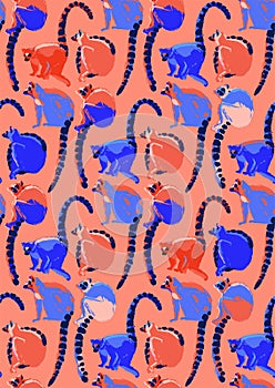 Pattern of wild lemurs drawn in the technique of rough brush in vibrant colors