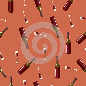 Pattern of wine bottle and wine glass with wine