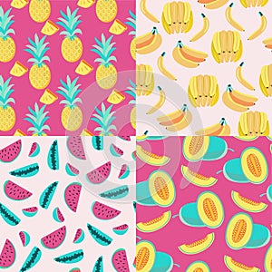 Pattern with yellow bananas, pineapples and juicy melon and watermelon