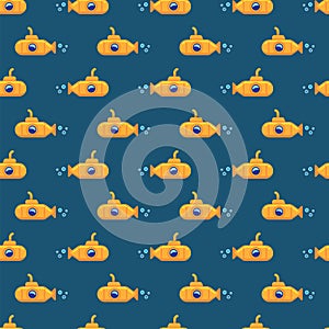 Pattern yellow submarine underwater in sea water. Seamless pattern yellow submarine floating under sea water on blue