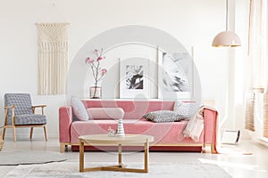 Patterned armchair and pink couch in feminist apartment interior photo