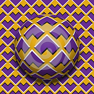 Patterned ball rolling along the same surface. Abstract vector optical illusion illustration. Motion background