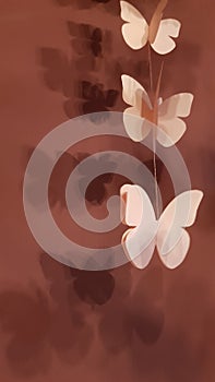 Patterned blurry shadows from butterfly 3D shaped paper elements of hanging garlands at marsala color background. Pink paper decor
