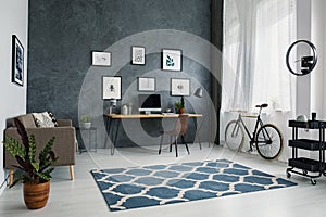 Patterned carpet in bright workspace interior with bicycle next