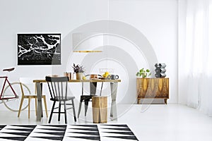 Patterned carpet in dining room