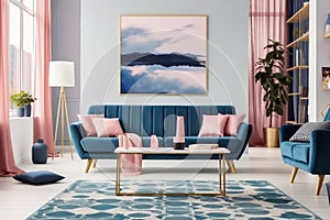 Patterned carpet in pink and blue living room interior with sofa against white wall with painting