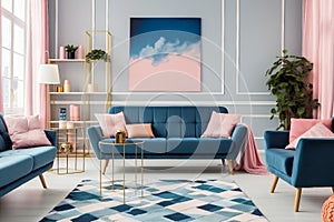 Patterned carpet in pink and blue living room interior with sofa against white wall with painting