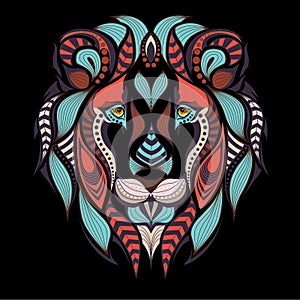 Patterned colored head of the lion. African, indian tattoo design.