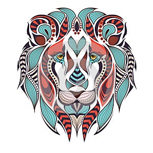 Patterned colored head of the lion. African / indian / totem / boho / tattoo design. It may be used for design of a t-shirt, bag,