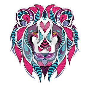 Patterned colored head of the lion. African / indian / totem / tattoo design
