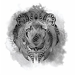 Patterned colored head of the lion. African, indian, totem, tattoo design. It may be used for design of a t-shirt, bag, postcard