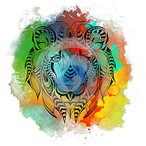 Patterned colored head of the lion. African, indian, totem, tattoo design. It may be used for design of a t-shirt, bag, postcard