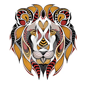 Patterned colored head of a lion. African / indian / totem / tattoo design. It may be used for design of a t-shirt, bag, postcard