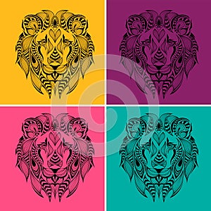 Patterned colored head of the lion. Pop art style vector illustration.