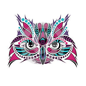 Patterned colored head of the owl. African / indian / totem / tattoo design